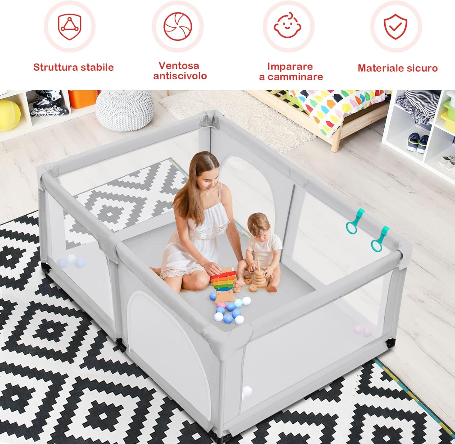 Box per Bambini, Centro Attività Portatile e Sicuro per Bambini, Box Colorato con Cancello, Recinto Extra per Interno ed Esterno con Rete Traspirante Durevole (Grigio)