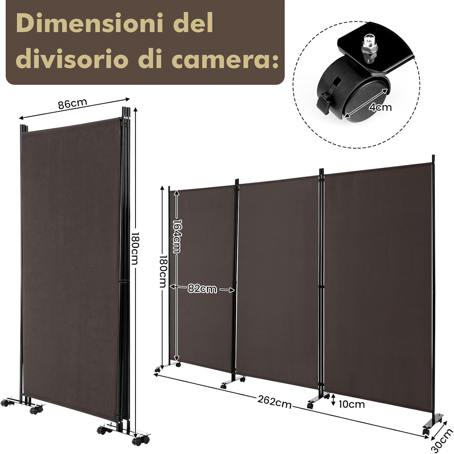 Paravento da Interno in Metallo, Separé Divisorio Interno Pieghevole con Piedini Stabili, Pannelli Divisori per Interni per Casa e Ufficio (Marrone, 262 x 180 cm (3 Pannelli con ruote))