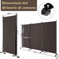 Paravento da Interno in Metallo, Separé Divisorio Interno Pieghevole con Piedini Stabili, Pannelli Divisori per Interni per Casa e Ufficio (Marrone, 262 x 180 cm (3 Pannelli con ruote))