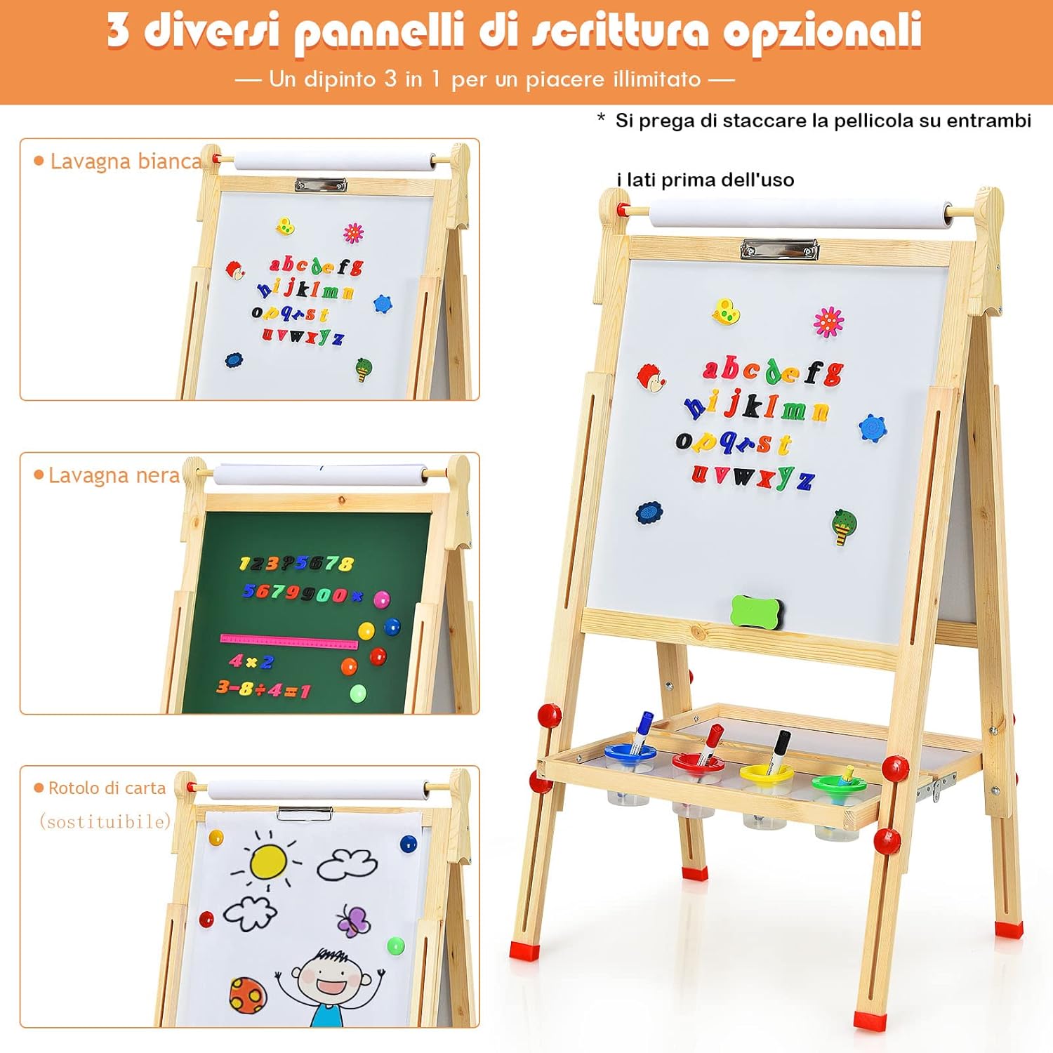 Cavalletto Artistico per Bambini, Cavalletto 3 in 1 con Dobbia Faccia, con Mensola e Rotolo di Carta, Accessori Completi, Cavalletto con Altezza Regolabile per Bambini