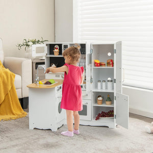 Cucina Giocattolo per Bambini, Cucina per Bambini in Legno con Lavello, Fornelli, Cappa, Telefono, Frigorifero, Lavatrice e Utensili da Cucina, 3 Anni+, Bianco