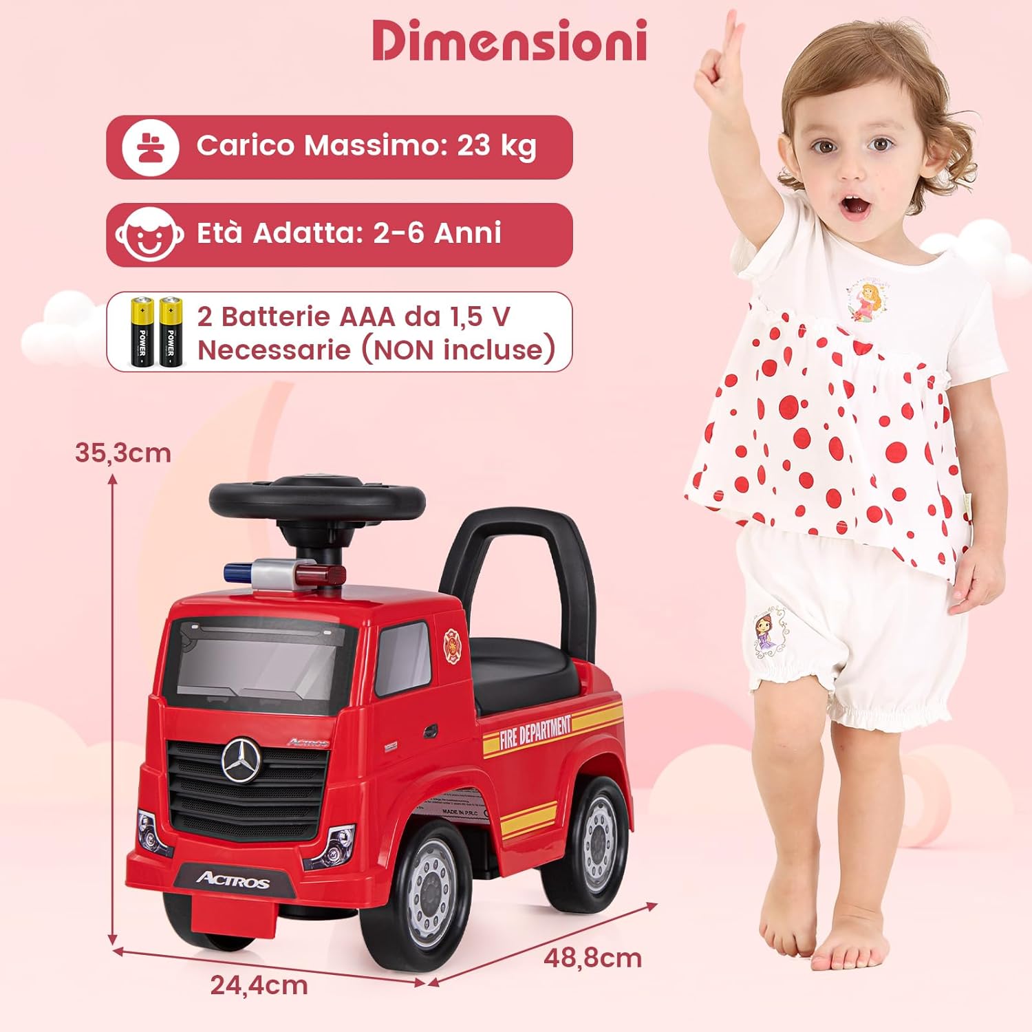 Camion dei Pompieri per Bambini, Macchinina Cavalcabile con Musica e Clacson, con Spazio di Stoccaggio Nascosto e Volante, Regalo per Bambini 2-6 Anni
