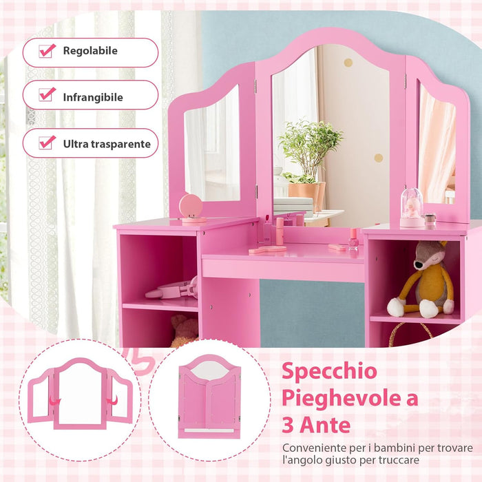 Set Toeletta per Bambini 2 in 1, Set Postazione Trucco in Legno con Sedia, Specchio a 3 Ante Rimovibile e 4 Scomparti, per Bambini 3+ Anni (Rosa)