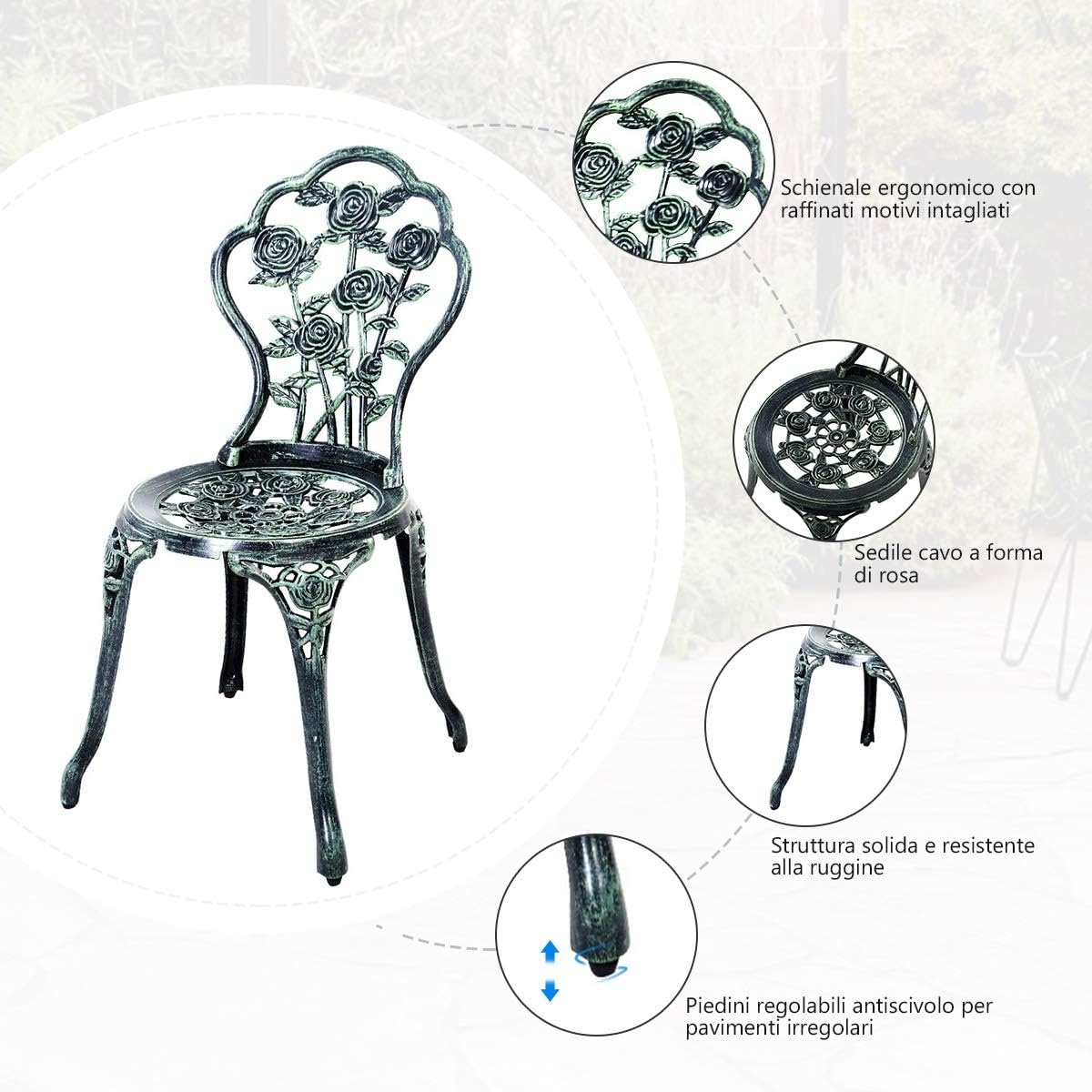 Set Tavolino e Sedie da Giardino, Set da Bistro con Sedie in Alluminio e Ghisa, Mobile da Esterno con Tavolino Rotondo e 2 Sedie, Tavolino Portato 45 kg, Sedia Portata 150 kg (Verde)