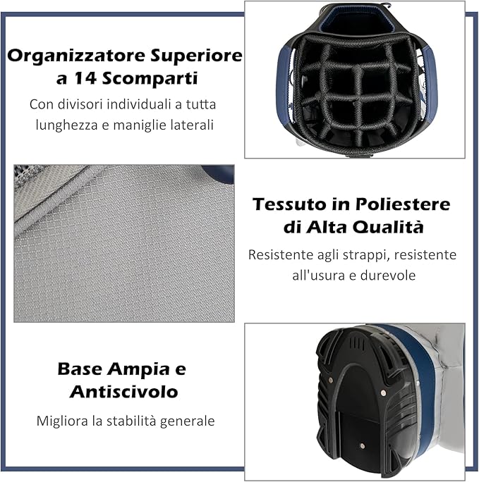 Borsa da Golf Portatile con 14 Divisori Superiori a Tutta Lunghezza, 7 Tasche con Cerniera, Cappuccio Antipioggia, Tracolla, Manico e Portaombrelli, Ideale per Uomini e Donne (blu e grigio)