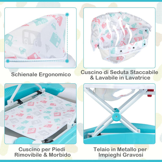 Girello per Bambini 6 in 1, Primi Passi per Neonati con Altezza Regolabile, Sedia a Dondolo per Bambini, Girello Pieghevole con Vassoio Musicale, Cuscino, per Bambini 6+ Mesi (Verde)