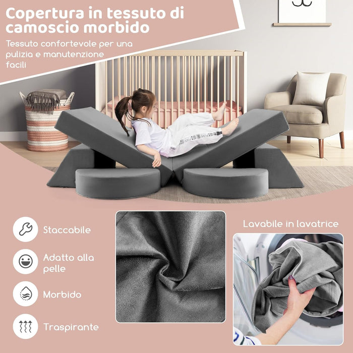 Divano Modulare per Bambini 8 Pezzi, Divanetto per Bambini con Copertura Staccabile per Sala Giochi e Camera da Letto, Divano Creativo per Bambini per Giocare, Creare e Dormire (Grigio)