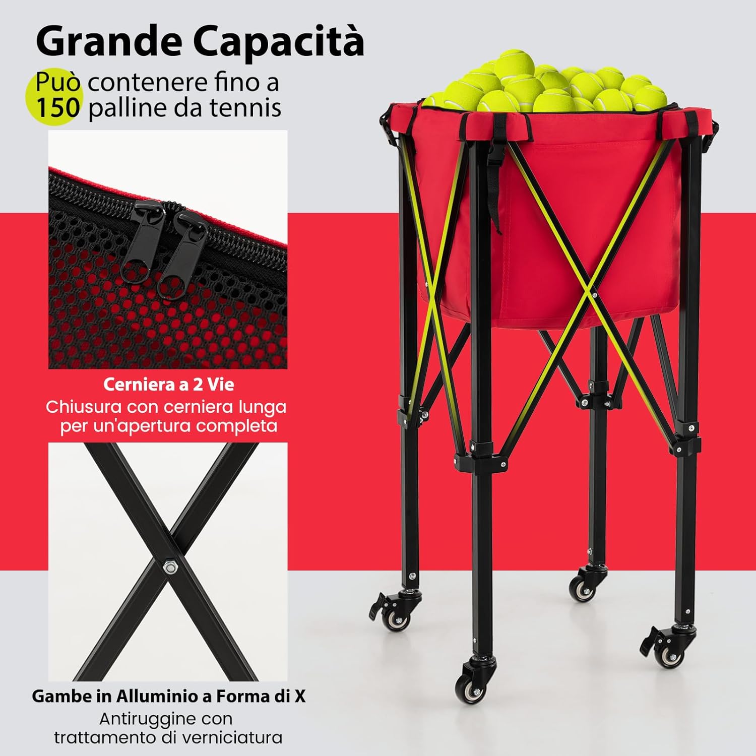 Carrello Porta Palline da Tennis, Carrello da Tennis Pieghevole in Alluminio con Ruote Frenate, Borsa Rimovibile Tasche Laterali, Borsa per Il Trasporto, Max 150 Palline Tennis