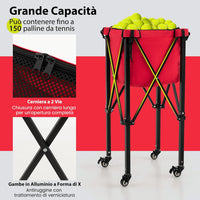 Carrello Porta Palline da Tennis, Carrello da Tennis Pieghevole in Alluminio con Ruote Frenate, Borsa Rimovibile Tasche Laterali, Borsa per Il Trasporto, Max 150 Palline Tennis