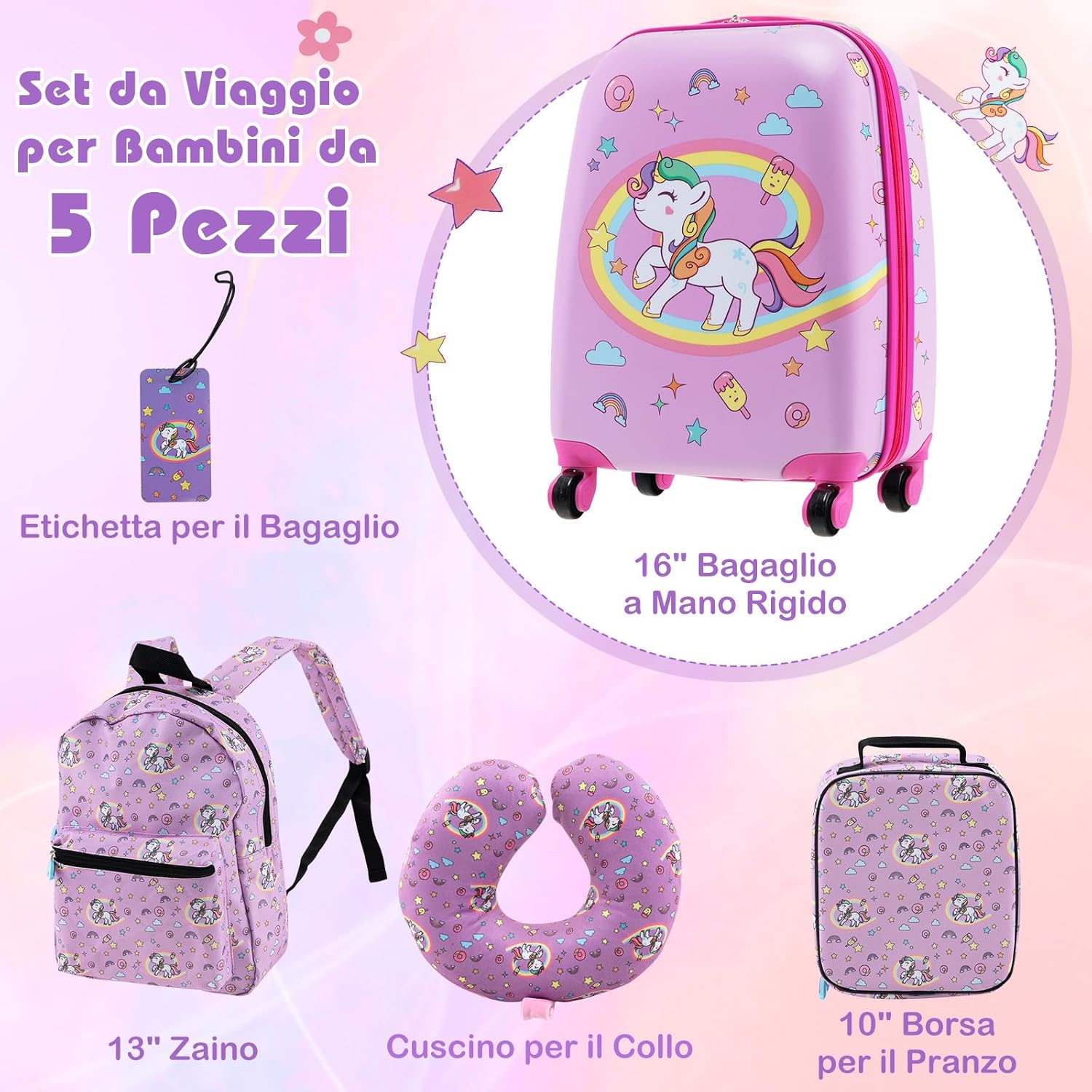 5 Pezzi Valigia per Bambini, Valigia con ManicoTelescopico da 16" con 13" Zainetto, Cuscino per Il Collo, Etichetta per Bagaglio, Borsa per Il Pranzo, con Ruote Girevoli a 360 ° (Modello 1)