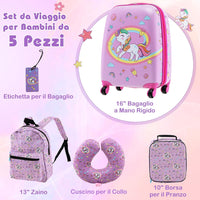 5 Pezzi Valigia per Bambini, Valigia con ManicoTelescopico da 16" con 13" Zainetto, Cuscino per Il Collo, Etichetta per Bagaglio, Borsa per Il Pranzo, con Ruote Girevoli a 360 ° (Modello 1)