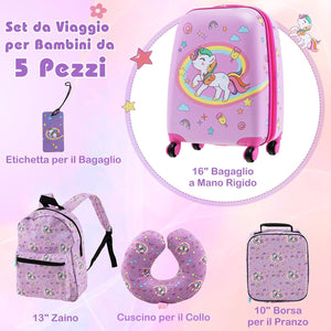 5 Pezzi Valigia per Bambini, Valigia con ManicoTelescopico da 16" con 13" Zainetto, Cuscino per Il Collo, Etichetta per Bagaglio, Borsa per Il Pranzo, con Ruote Girevoli a 360 ° (Modello 1)