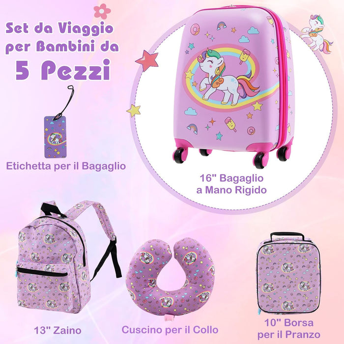 5 Pezzi Valigia per Bambini, Valigia con ManicoTelescopico da 16" con 13" Zainetto, Cuscino per Il Collo, Etichetta per Bagaglio, Borsa per Il Pranzo, con Ruote Girevoli a 360 ° (Modello 1)