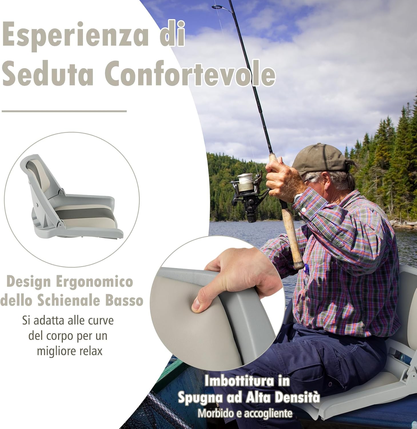 Sedia da Barca Pieghevole, Sedia con Schienale Basso con Cuscini Imbottiti in PVC, Telaio in PP, Bulloni di Fissaggio, Sedia Impermeabile per Barca da Pesca, Barca Turistica, 57 x 51 x 35 cm