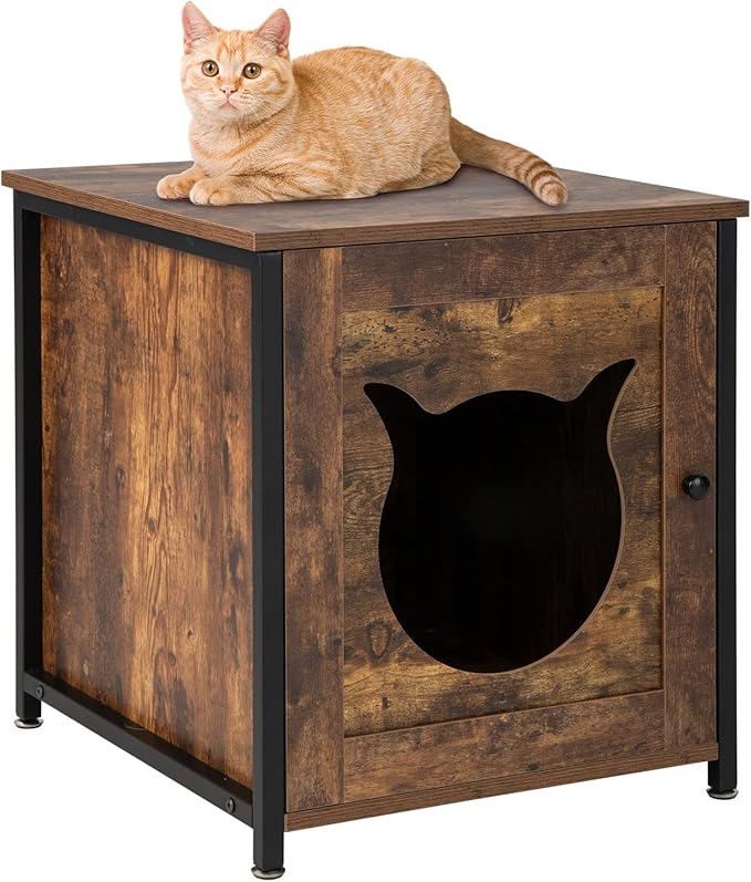 Mobile per Lettiera Gatti in Legno, Casetta con Ingresso a Forma di Gatto, Telaio in Metallo, Mobiletto Multiuso per Ingresso e Soggiorno, Adatto a Gatti Piccoli e Grandi