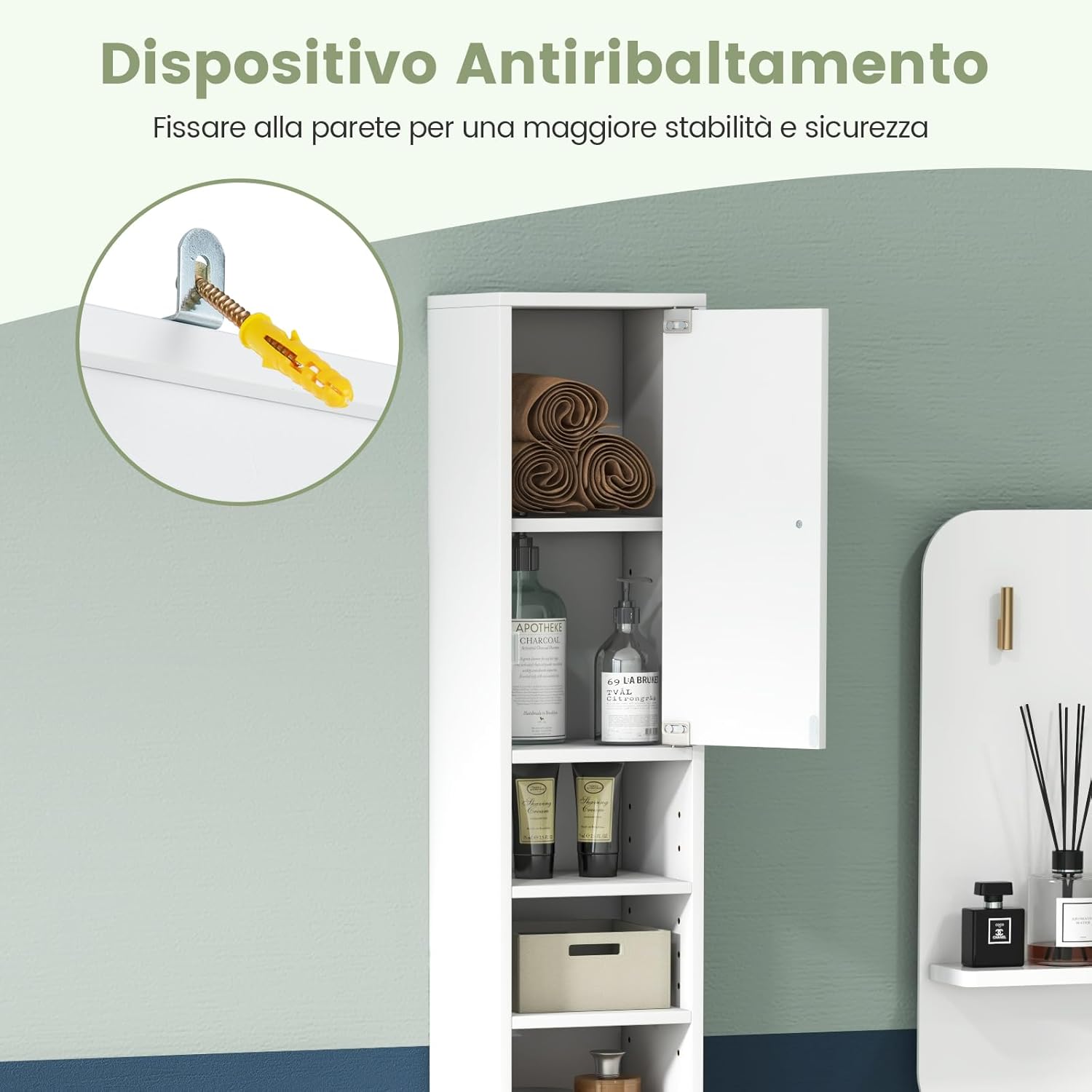 Armadio da Terra Alto, Mobile Colonna Bagno con 2 Ante 1 Cassetto e 5 Ripiani Regolabili, Mobile Bagno Salvaspazio per Bagno Soggiorno Camera da Letto, 20x20x180cm (Bianco)