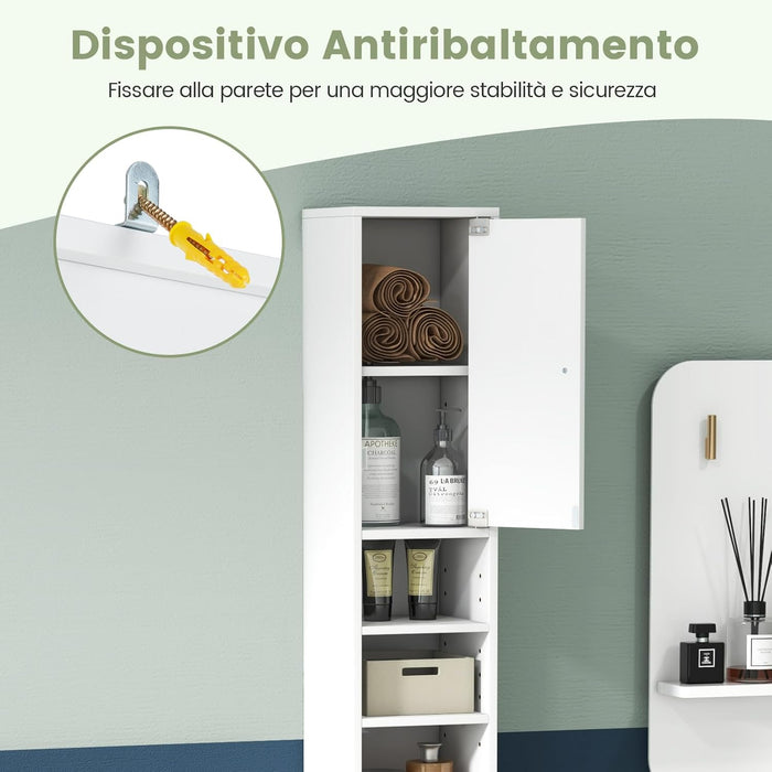 Armadio da Terra Alto, Mobile Colonna Bagno con 2 Ante 1 Cassetto e 5 Ripiani Regolabili, Mobile Bagno Salvaspazio per Bagno Soggiorno Camera da Letto, 20x20x180cm (Bianco)
