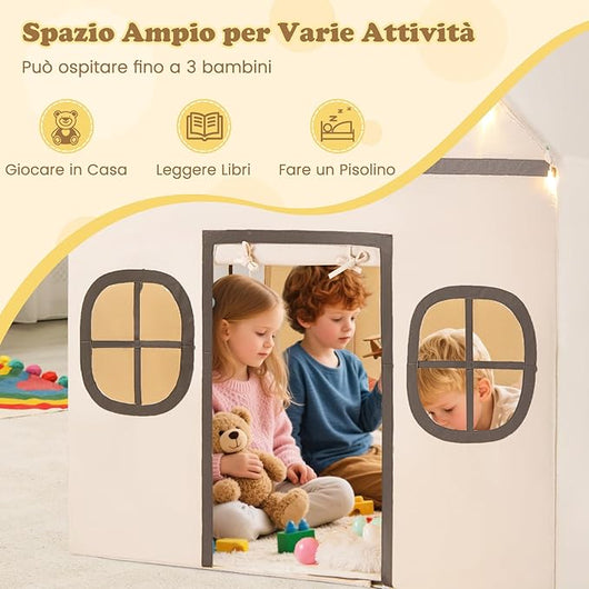 Tenda da Gioco per Bambini, con Tenda Porta e Finestre, Luci a Stella, Tappetino Antiscivolo, Casetta per Bambini e Bambine 3-10 Anni, 120 x 101 x 143 cm (Beige)