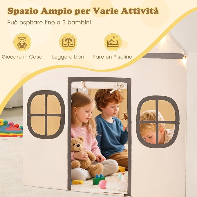 Tenda da Gioco per Bambini, con Tenda Porta e Finestre, Luci a Stella, Tappetino Antiscivolo, Casetta per Bambini e Bambine 3-10 Anni, 120 x 101 x 143 cm (Beige)