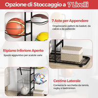 Scaffale Portapalle a 7 Livelli, Porta Pallacanestro in Metallo con 7 Asticelle Rimovibili e Cestino Laterale per Palline, Organizzatore Attrezzature Sportive con Piedini Regolabili