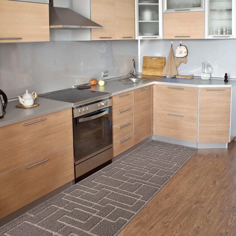 Tappeto Casa Cucina 3D 50x115 Cm Design Geometrico Moderno Assorbente Antiscivolo Beige