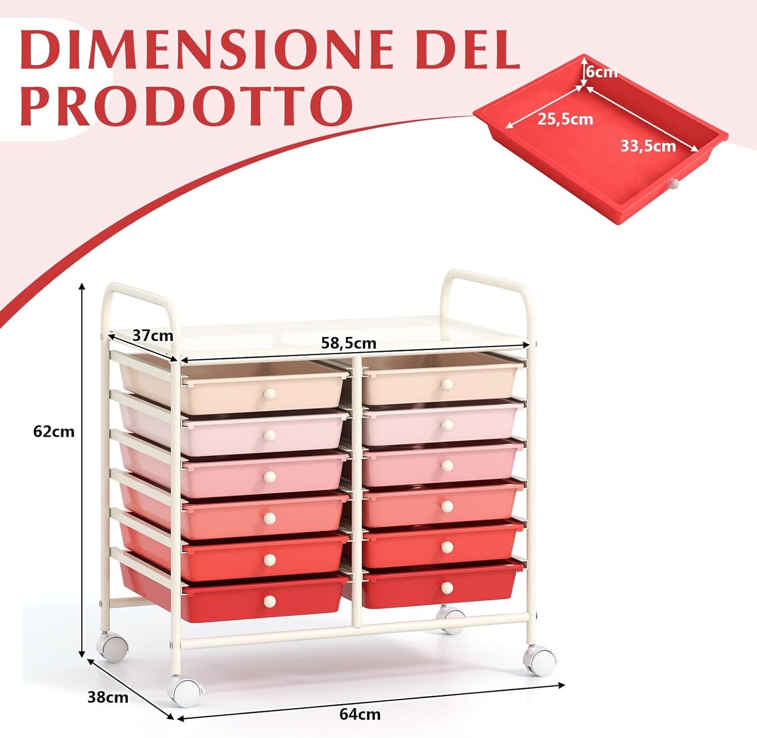 Carrello di Stoccaggio con 12 Cassetti, Carrello portaoggetti con 4 Ruote, Carrello Multiuso per Scuola Ufficio Cucina, 64 x 38 x 62 cm (12 cassetti Rosa sfumato)