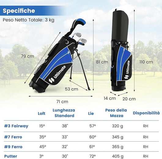 Set Completo di Mazze da Golf per Bambini, Inculude Fairway 3, Ferri 7 e 9, Putter, Copritesta, Borsa Portatile e Cappuccio Antipioggia, Set da Golf per Destrimano(Per 11-13 Anni)