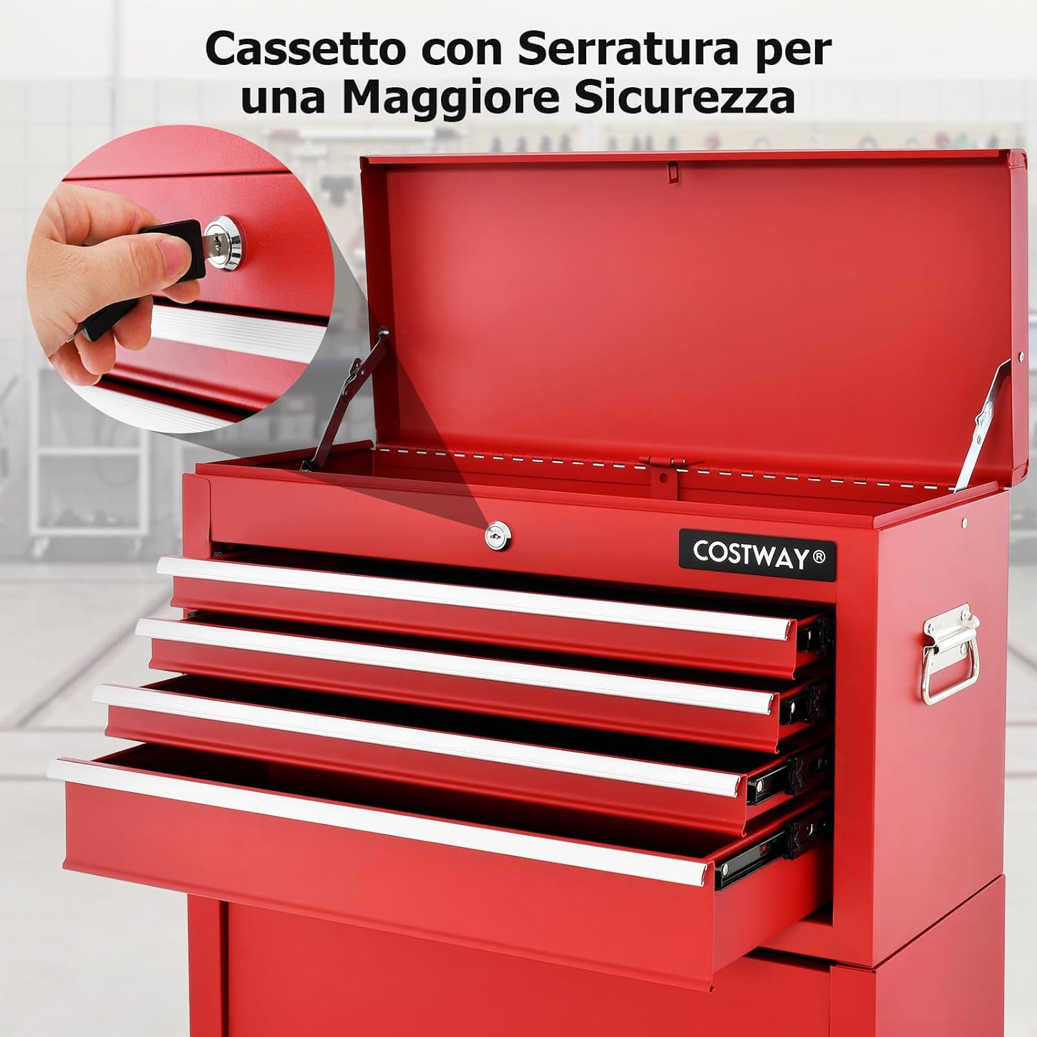 Cassettiera Portautensili a 6 Cassetti, Carrello per Attrezzi con Ruote Bloccabili, con Ripiano rimovibile e Serratura, 61,5 x 33 x 132 cm (rosso)