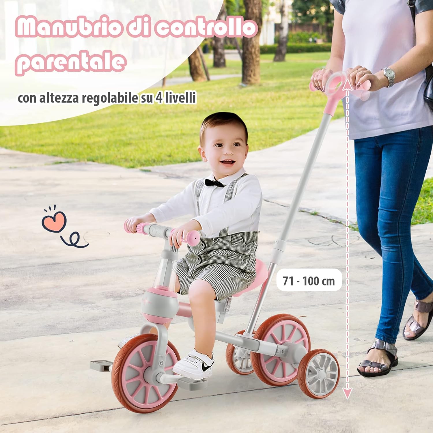 4 in 1 Triciclo per Bambini con Maniglia di Spinta, Triciclo per Bambini Bicicletta Equilibrio con Maniglia, Sedile Regolabili e Pedali Rimovibili, per 2-4 anni (Rosa)