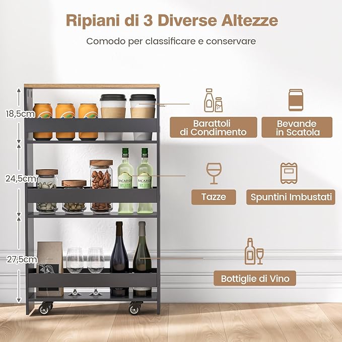 Carrello Portaoggetti da Cucina, Scaffale con Maniglia Laterale e Ruote, Carrello Salvaspazio con 3 Scaffali Stretti, 47,5x13x80,5 cm (Naturale+Grigio)