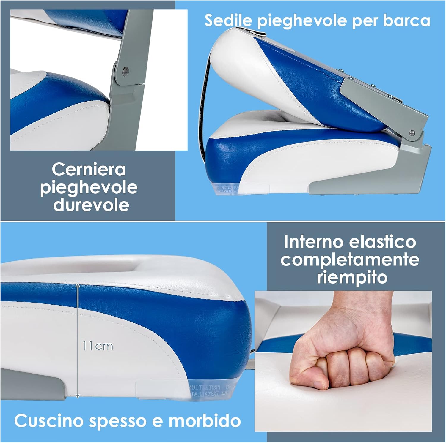 Sedie per Barca, Con Schienale Basso, Sedile del timoniere con Cinghia di Fissaggio Lunga e Viti in Acciaio Inox, Con Schiuma Spessa e Cerniere Metalliche Durevoli, Blu e Bianco