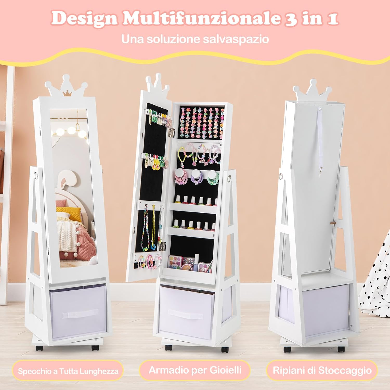 Specchio Portagioie da Terra, Armadietto Portagioielli e Girevole con Specchio a Figura Intera e 4 Ruote Universali Bloccabili, Specchiera da Camera da Letto per Bambini