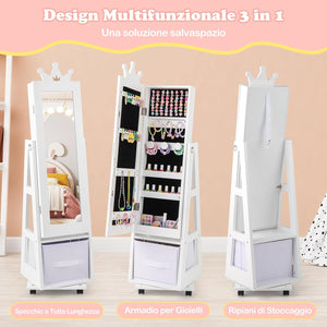 Specchio Portagioie da Terra, Armadietto Portagioielli e Girevole con Specchio a Figura Intera e 4 Ruote Universali Bloccabili, Specchiera da Camera da Letto per Bambini