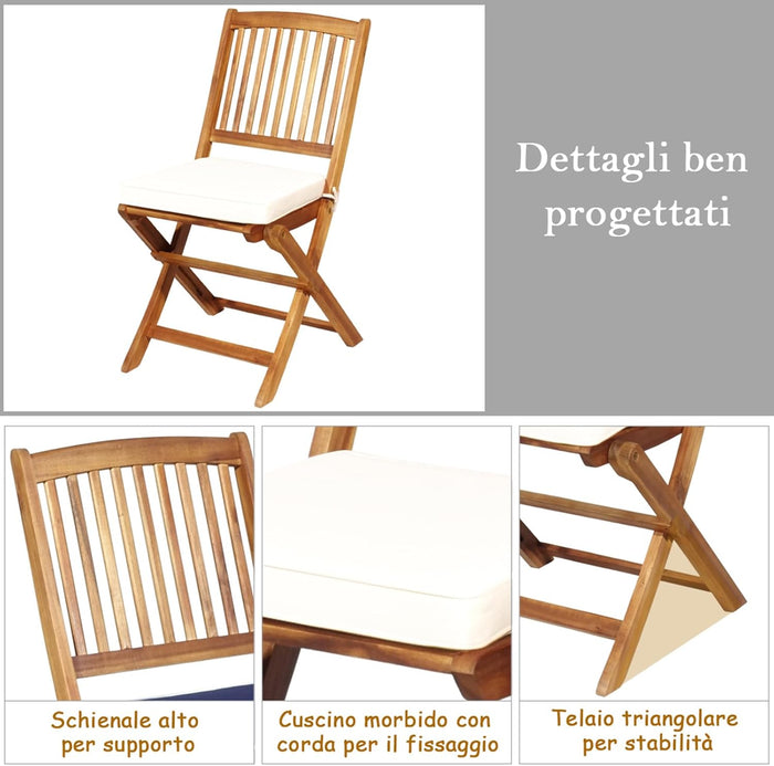 Set Tavolo e Sedie da Giardino, Set Mobili da Giardino Pieghevoli 3 Pezzi in Legno di Acacia, con Cuscini, Arredo Giardino per Giardino Terrazzo Balcone (Cuscini Beige)