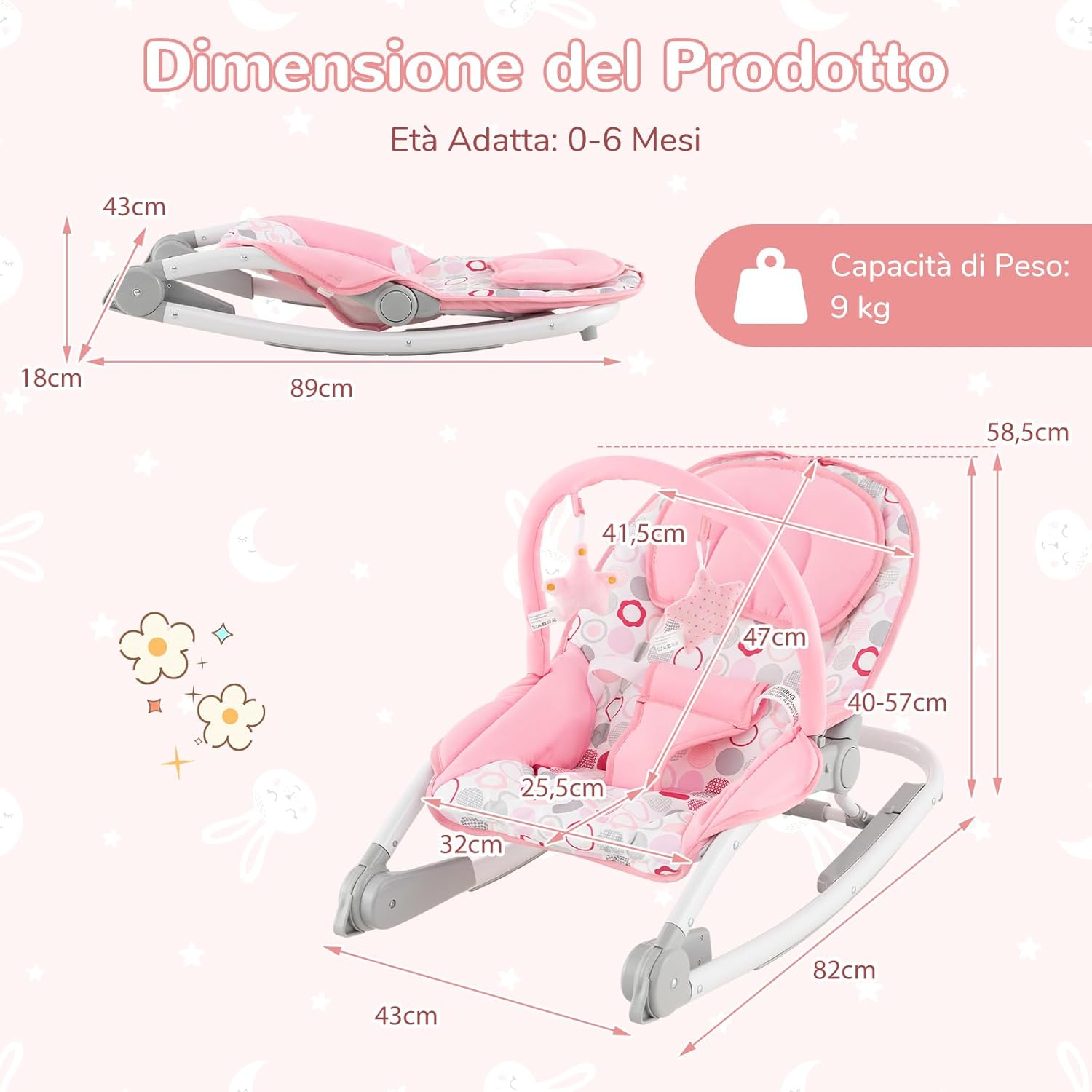 2-in-1 Sdraietta per Bambini, Sdraietta per Neonati Portatile con Schienale Regolabile a 3 Livelli, Sdraietta Pieghevole con Giocattoli, con Cintura di Sicurezza, per Bambini 0-6 Mesi (Rosa)