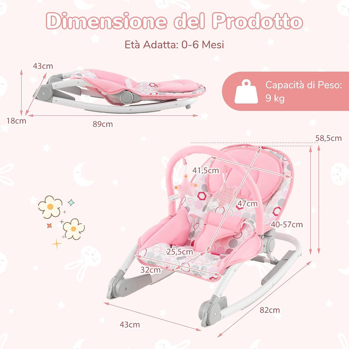 2-in-1 Sdraietta per Bambini, Sdraietta per Neonati Portatile con Schienale Regolabile a 3 Livelli, Sdraietta Pieghevole con Giocattoli, con Cintura di Sicurezza, per Bambini 0-6 Mesi (Rosa)