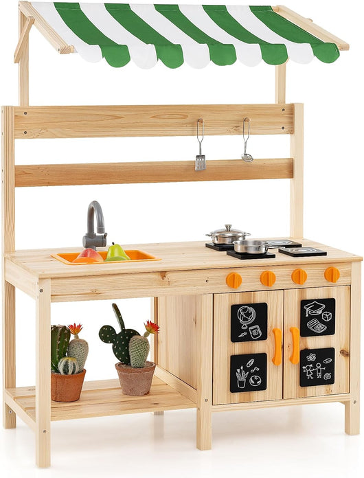 Cucina Giocattolo per Giardino in Legno di Abete, Cucina per Fango da Esterno con Tettoia, Fornelli, Ganci, 4 Lavagne e Lavello, Set Cucina con 5 Accessori, 88 x 39 x 117 cm