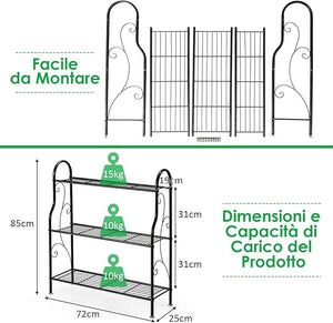 Porta Piante in Metallo a 3 Livelli, Scaffale Portavasi Interno ed Esterno con Elegante Motivo a Volute, Scaffale a Scala Multifunzionale per Casa, Giardino, Balcone e Corridoio