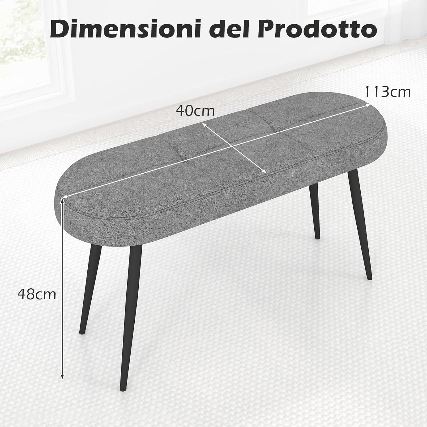 Panca Scarpiera da 113 cm, Panca da Ingresso con Cuscino Imbottito in Spugna e Gambe Metalliche Solide, Panca Fondo Letto per Soggiorno Camera da Letto, Carico 300 kg (Grigio)