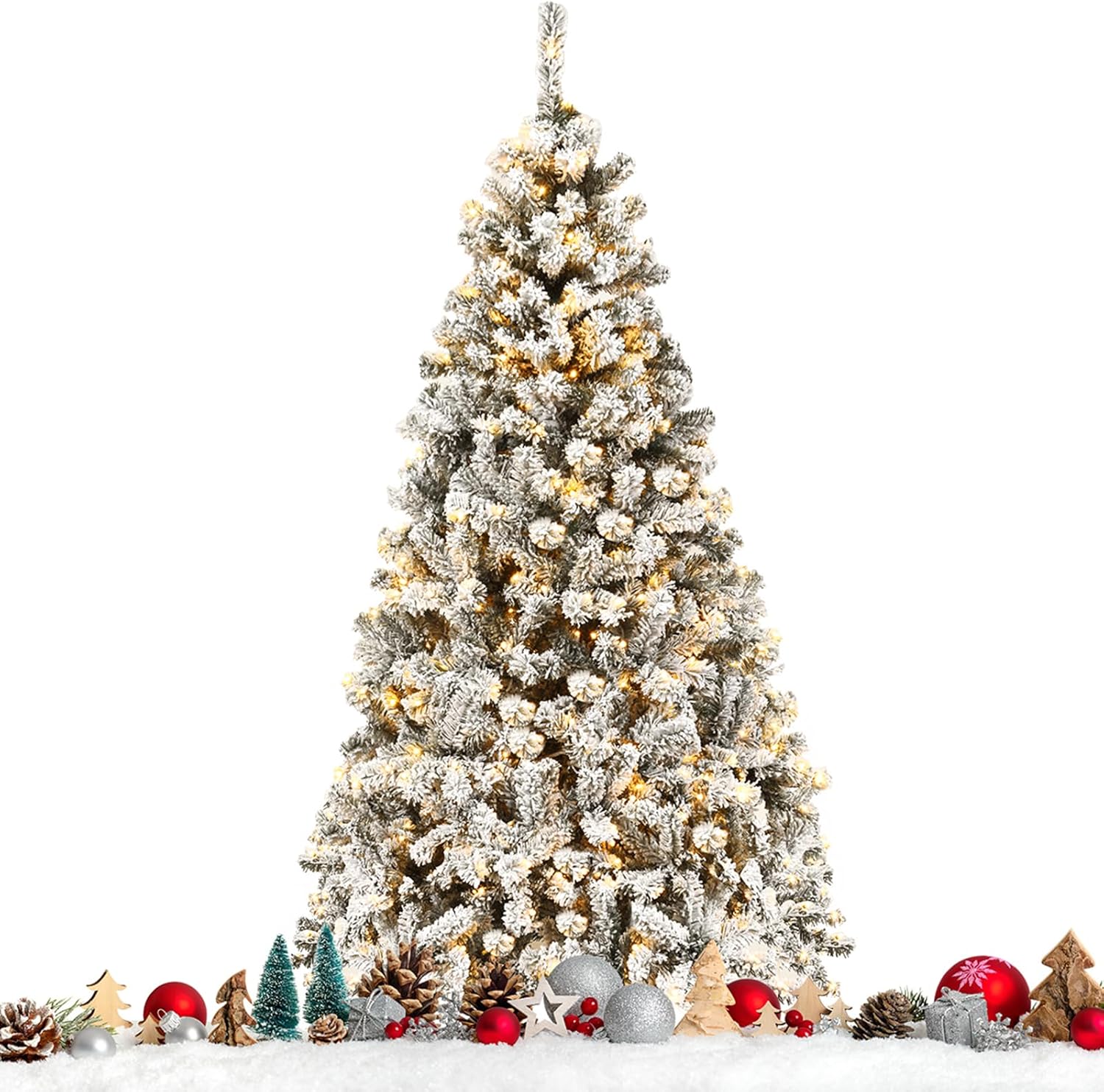 Albero di Natale Innevato 180/225 cm, Albero di Natale con 250/450 Luci a LED Bianco Caldo, 600/1010 Rami Folti e Base Metallica, Ideale per Casa, Ufficio e Negozio (180 CM)