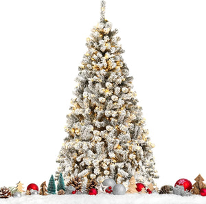 Albero di Natale Innevato 180/225 cm, Albero di Natale con 250/450 Luci a LED Bianco Caldo, 600/1010 Rami Folti e Base Metallica, Ideale per Casa, Ufficio e Negozio (180 CM)