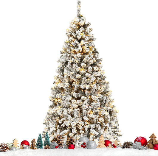 Albero di Natale Innevato 180/225 cm, Albero di Natale con 250/450 Luci a LED Bianco Caldo, 600/1010 Rami Folti e Base Metallica, Ideale per Casa, Ufficio e Negozio (180 CM)