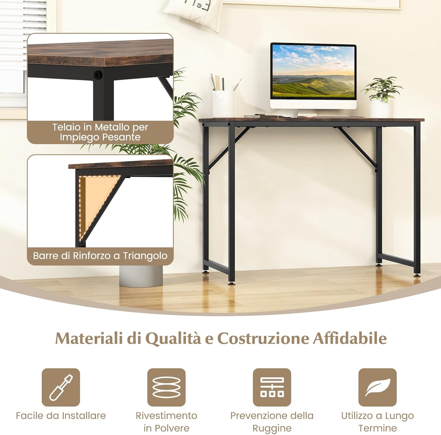 Scrivania per Computer 100 x 50 x 77 cm, Scrivania Moderna e Salvaspazio in Metallo Resistente con Piedini Regolabili, Scrivania Versatile per Casa e Ufficio (Marrone)