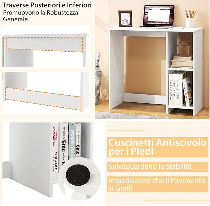 Scrivania per Computer in Legno, Scrivania con 2 Ripiani per Ambienti Piccoli, Scrivania Moderna e Salvaspazio da Casa e Ufficio, Bianco, 80 x 40 x 74 cm
