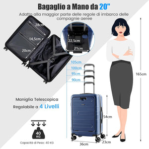 Valigia Bagaglio da 20" con Tasca Frontale, Porta USB, Tavolino Pieghevole, Valigia con Serratura, Ruote Girevoli, Manico Regolabile, Trolley Valigia Rigida Bagaglio da Viaggio (Blu)