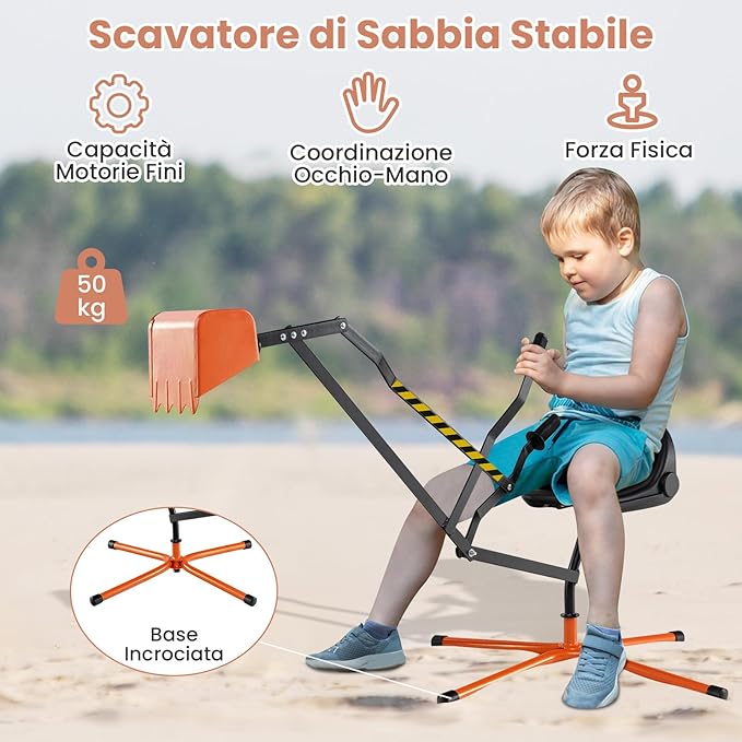 Ruspa Giocattolo per Bambini, Escavatore Cavalcabile con Controlli a 2 Mani e Pala Flessibile, Sedile Girevole a 360°, Regalo per Bambini 3 Anni+ (senza Ruote Arancia)