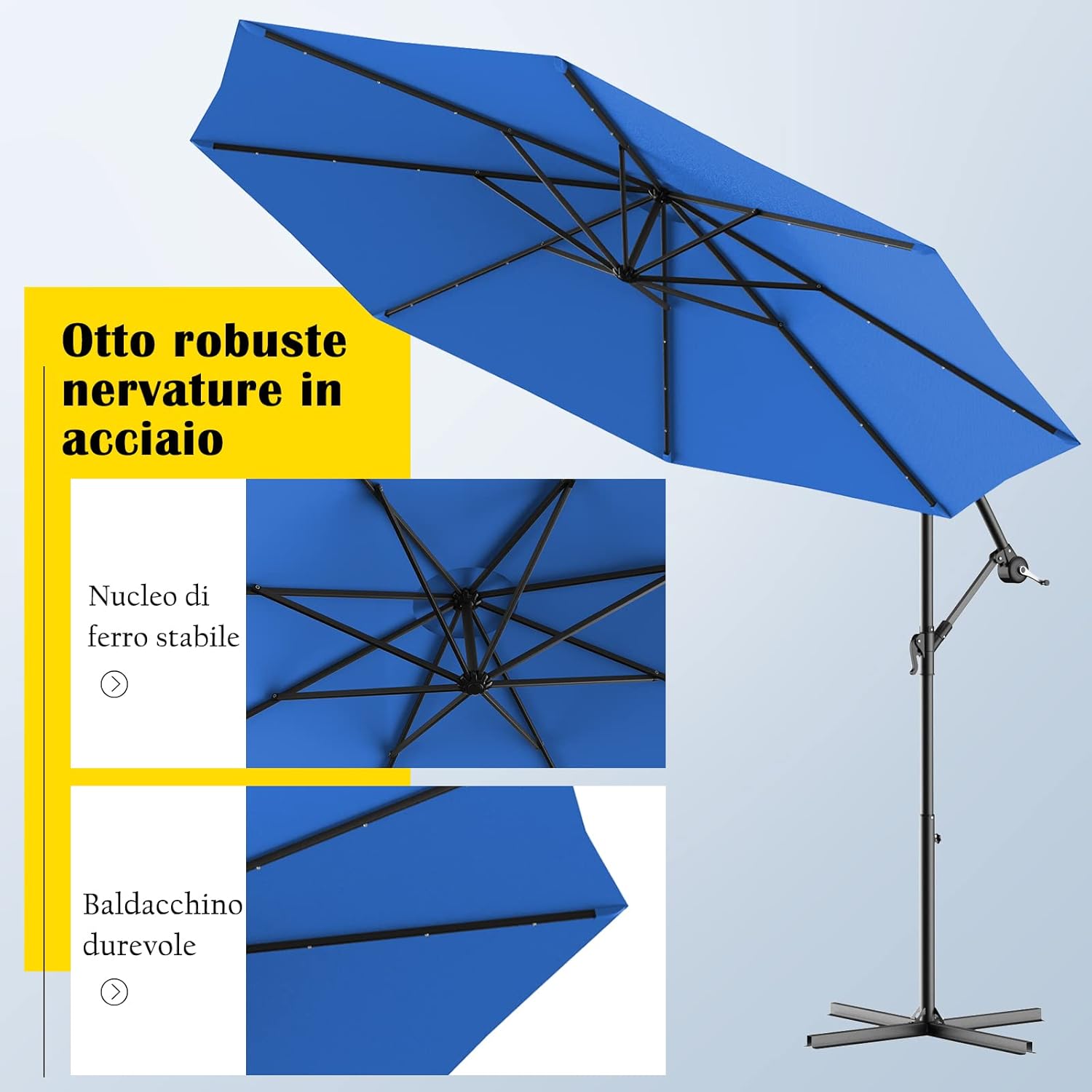 Ombrellone da Giardino con Luci LED, Diametro 3M, Ombrellone da Esterno con Inclinazione Regolabile e 8 Costole, Protezione UV, Ideale per Piscina, Balcone, Giardino, Bar (Blu)