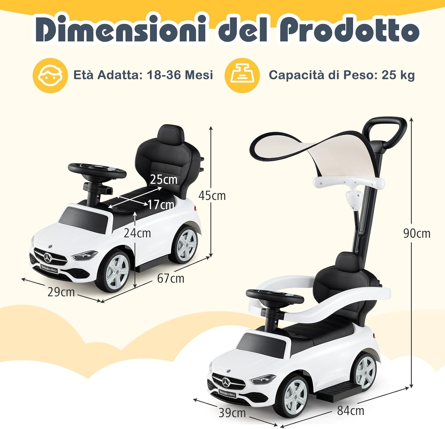 3 in 1 Auto a Spinta, Mercedes-Benz Macchina Cavalcabile, con Schienale Regolabile Suono Barra di Spinta e Tettuccio, per Bambini 18-36 Mesi (Bianco)