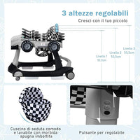 Girello per Bambini 4 in 1, Girello Pieghevole con Altezza e Velocità Regolabili, Carillon con Luci, Volante, Primi Passi per Bambini 6-18 Mesi, Portata 15 kg (Grigio)