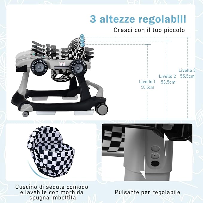 Girello per Bambini 4 in 1, Girello Pieghevole con Altezza e Velocità Regolabili, Carillon con Luci, Volante, Primi Passi per Bambini 6-18 Mesi, Portata 15 kg (Grigio)